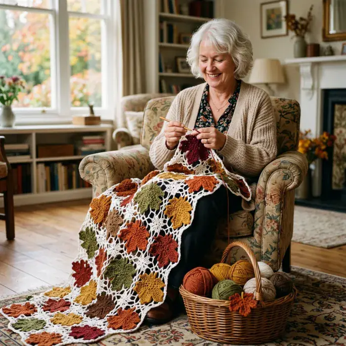 Artesana uniendo flores a crochet junto a un diagrama sobre la mesa