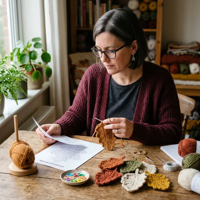 Mujer uniendo piezas a crochet junto a ovillos en tonos terracota y mostaza