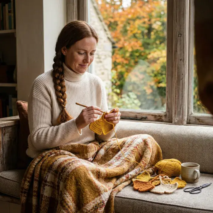 Dos artesanas uniendo un camino de mesa a crochet sobre una mesa rústica
