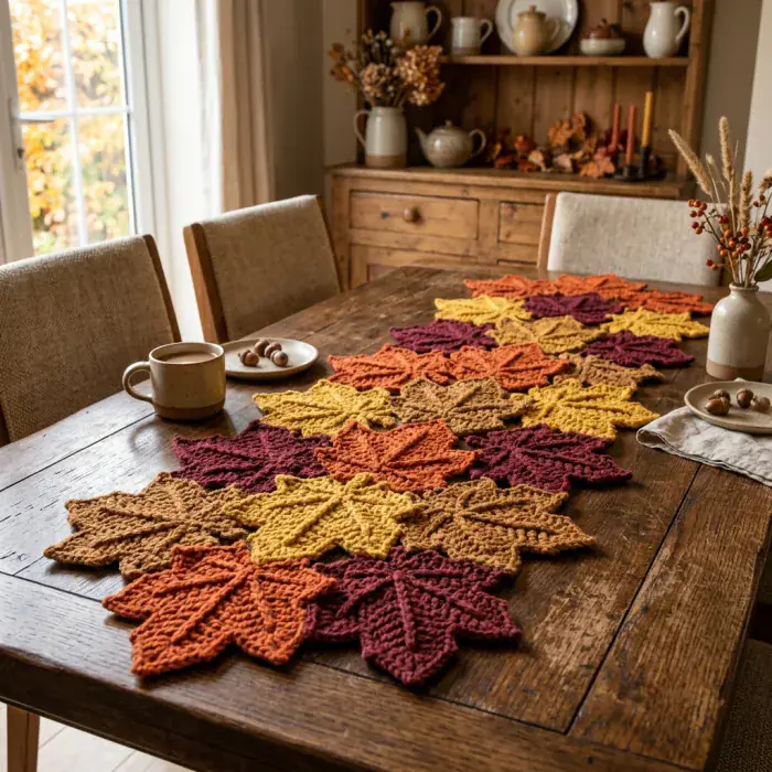 Camino de mesa a crochet con flores terracota y hojas de otoño