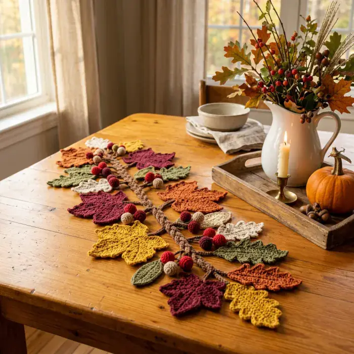 Camino de mesa con flores y hojas a crochet sobre una mesa de madera
